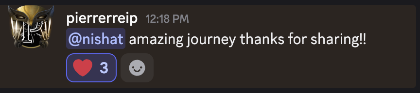 Discord message thanking Nishat for sharing her journey