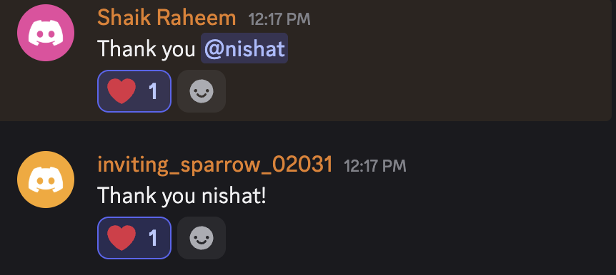 Discord messages thanking Nishat